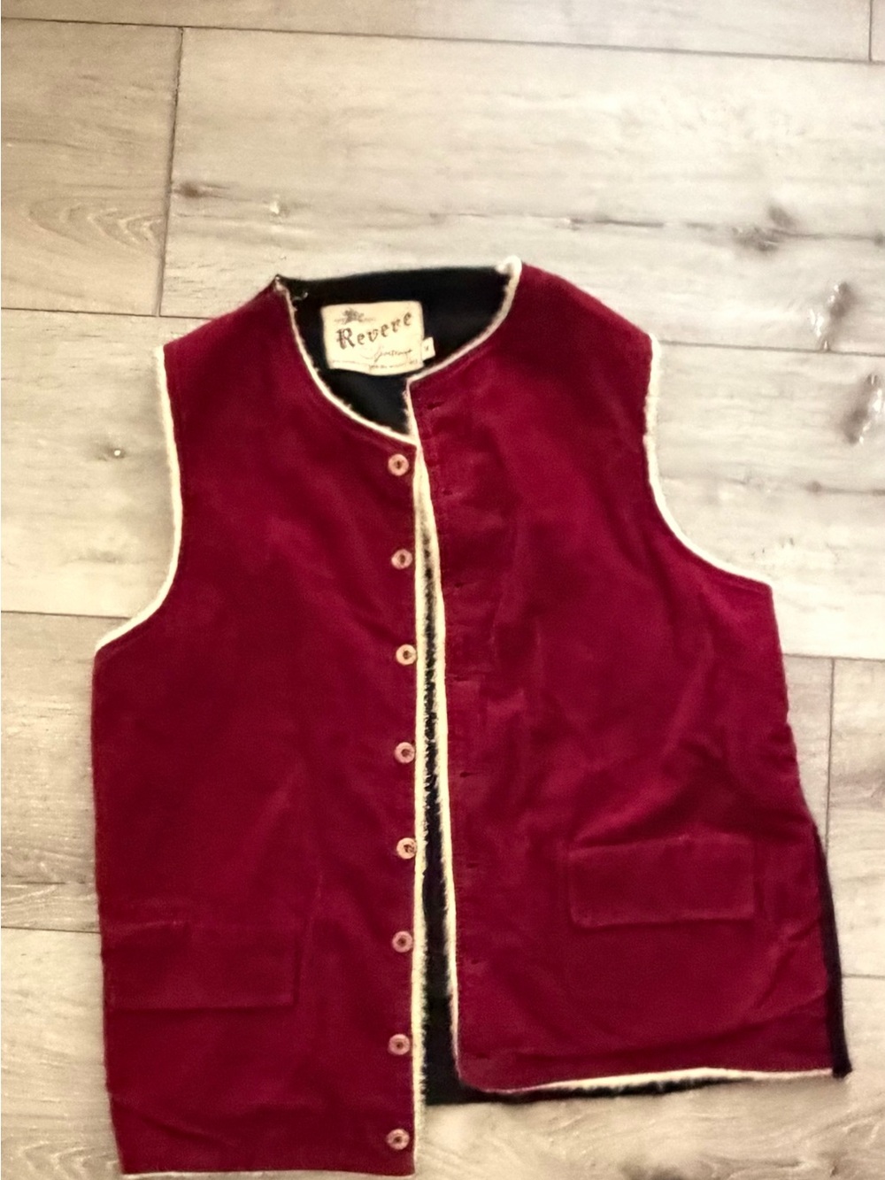 VINTAGE sportswear Revere Deep Red Velvet Vest with Cream Faux Shearling